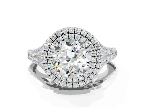 White gold Round Cut Moissanite Double Halo Ring with Split Shank and Prong Setting_30