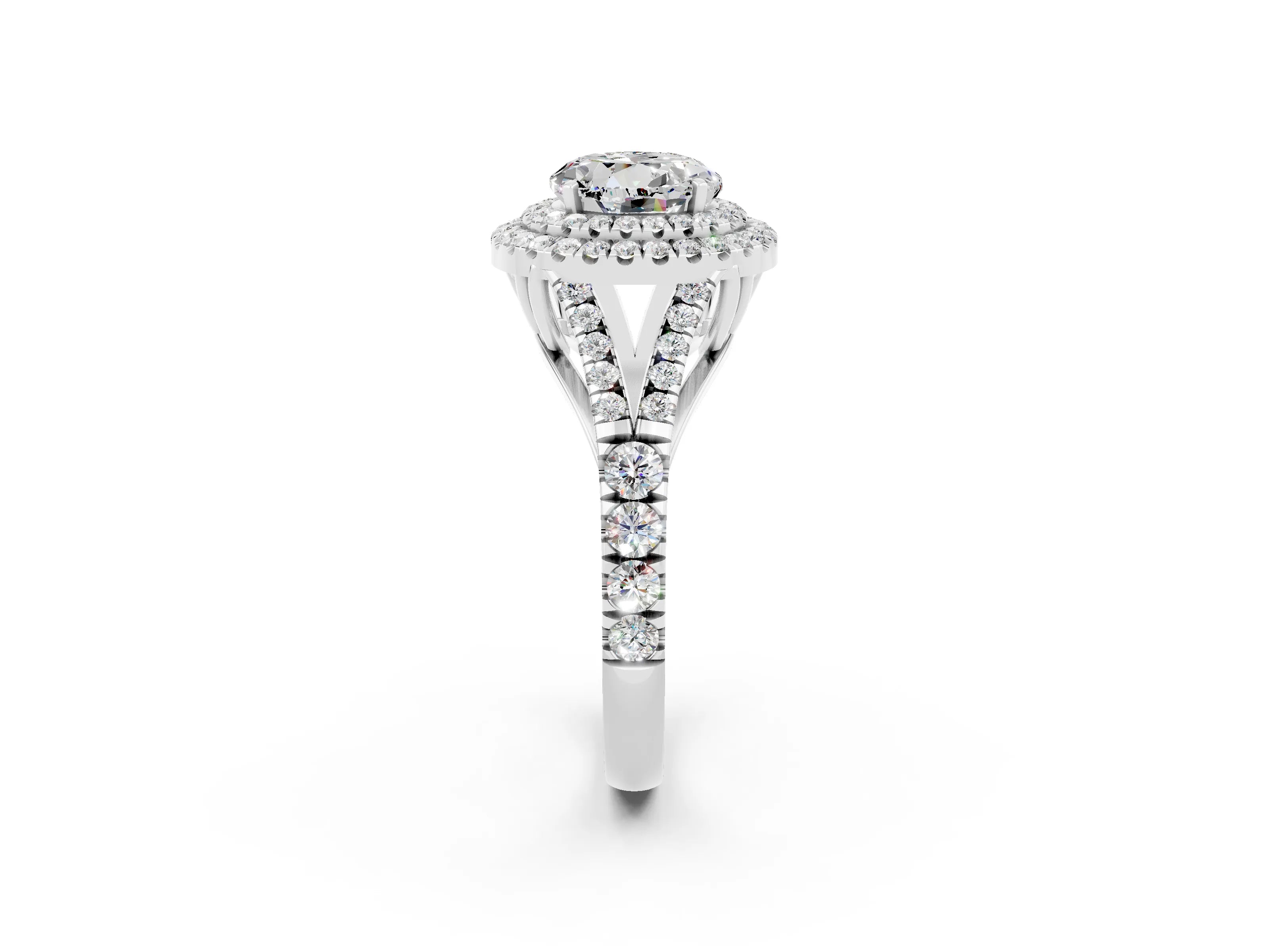 White gold Round Cut Moissanite Double Halo Ring with Split Shank and Prong Setting_32