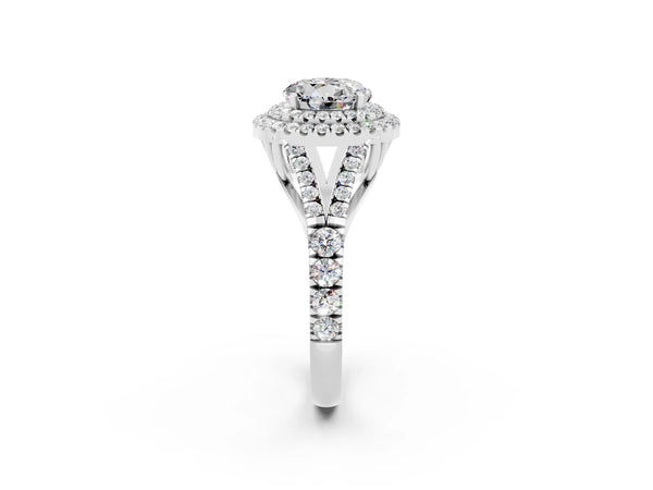 White gold Round Cut Moissanite Double Halo Ring with Split Shank and Prong Setting
