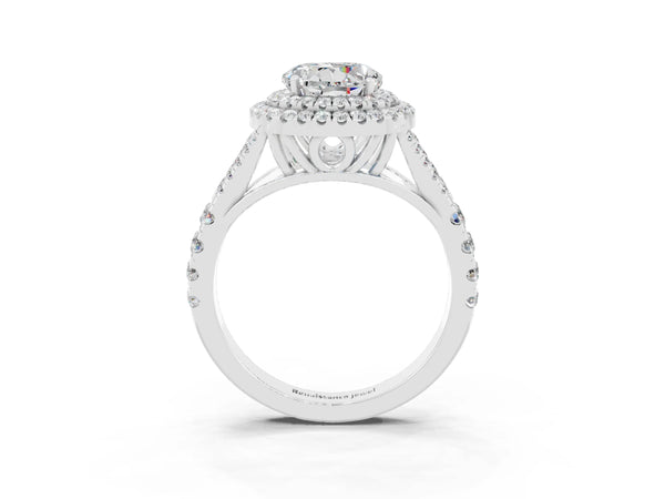 White gold Round Cut Moissanite Double Halo Ring with Split Shank and Prong Setting