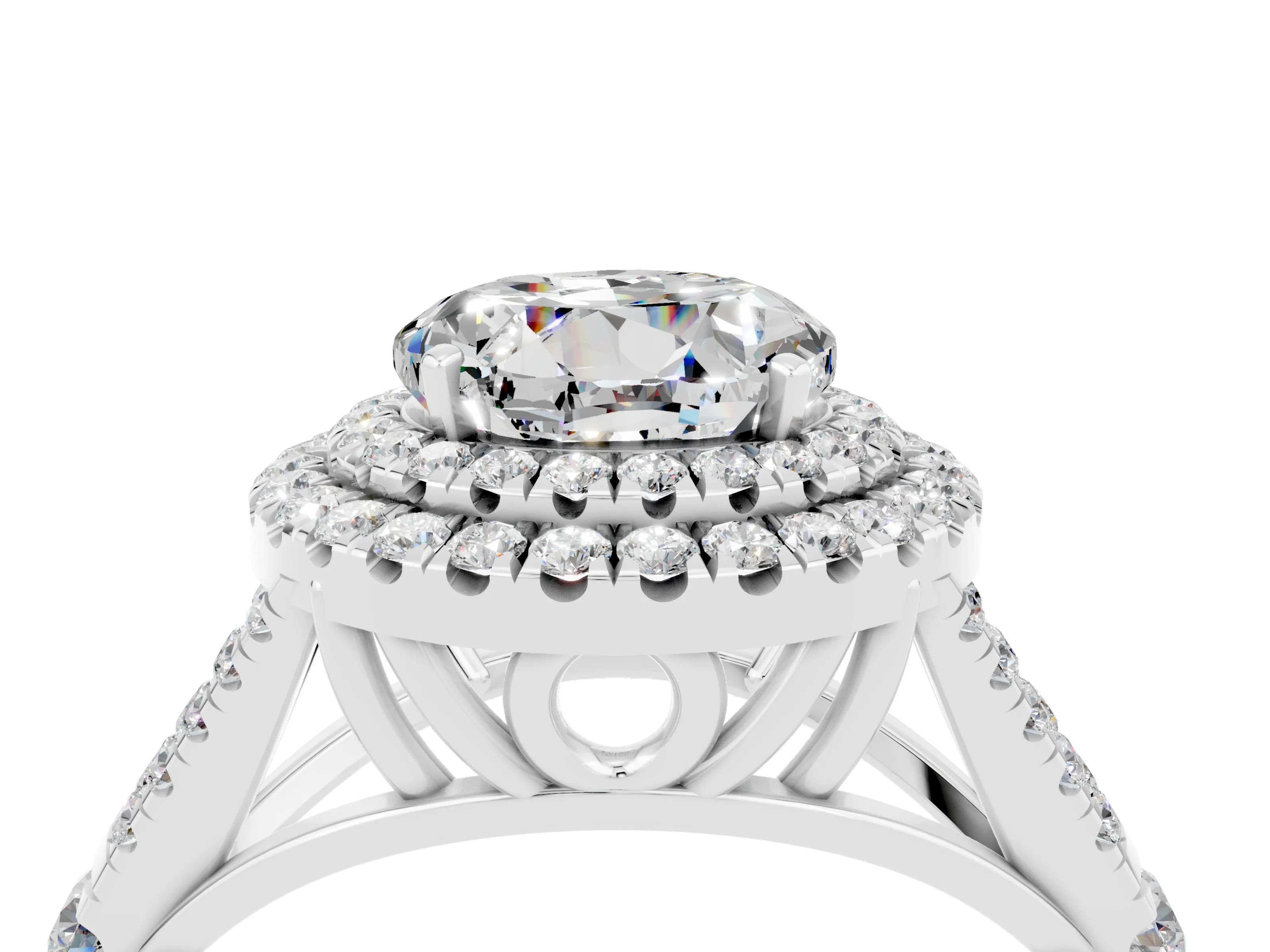White gold Round Cut Moissanite Double Halo Ring with Split Shank and Prong Setting_34