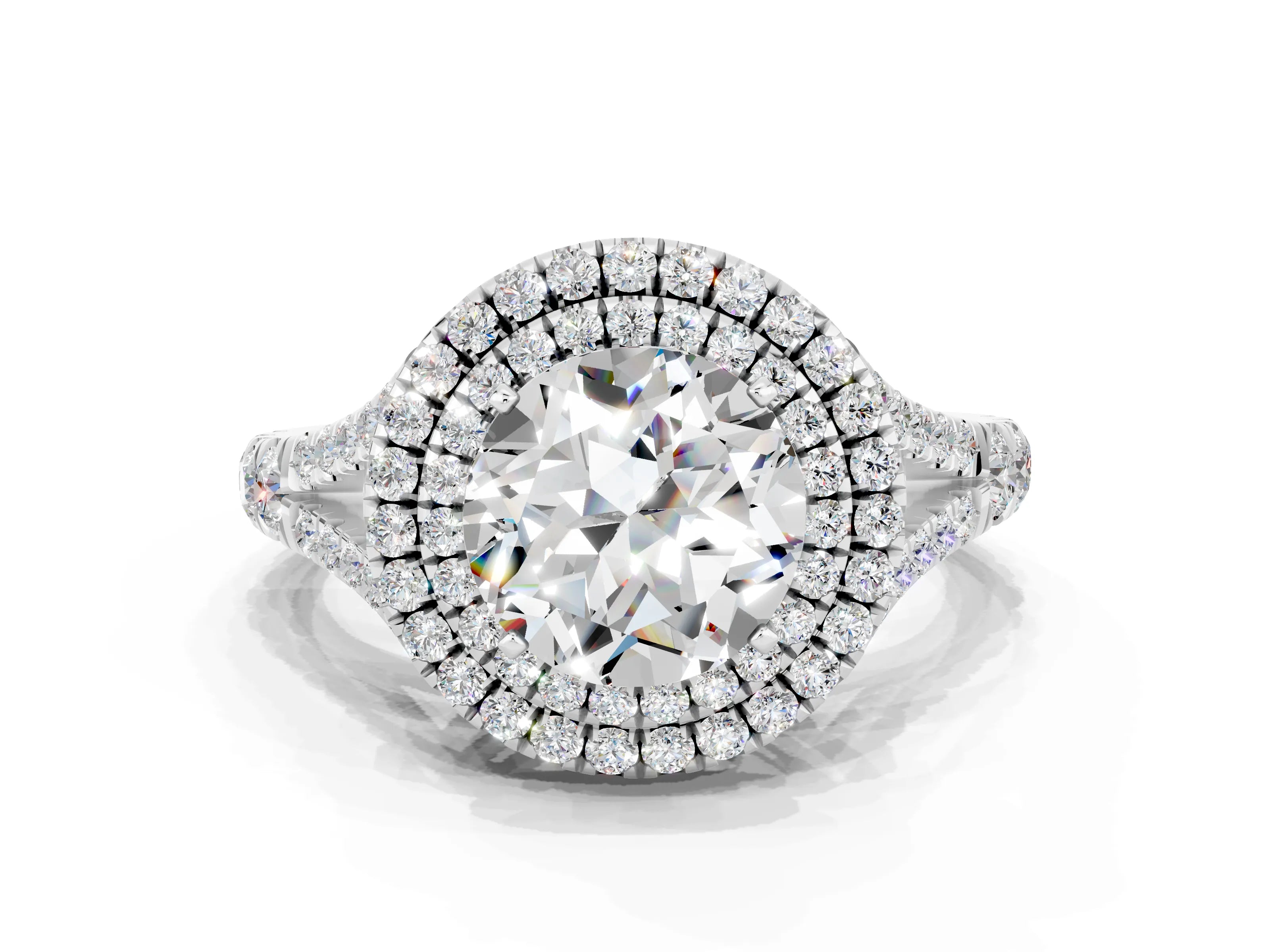 White gold Round Cut Moissanite Double Halo Ring with Split Shank and Prong Setting_36