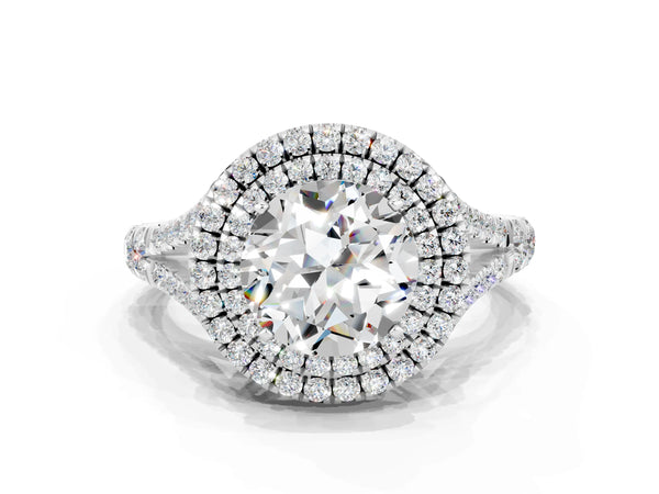 Silver Round Cut Moissanite Double Halo Ring with Split Shank and Prong Setting