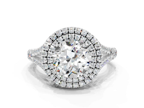 White gold Round Cut Moissanite Double Halo Ring with Split Shank and Prong Setting_36