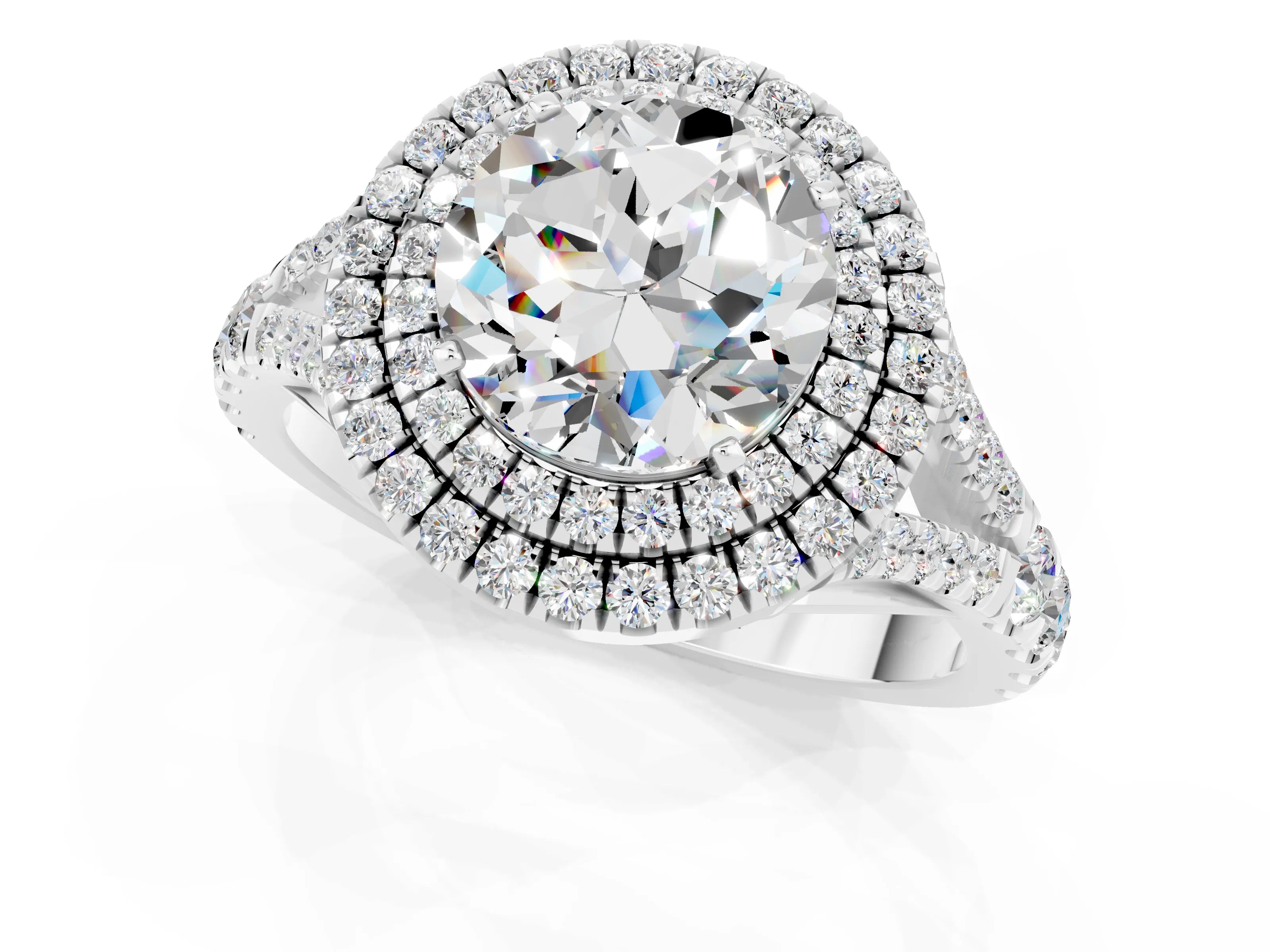 White gold Round Cut Moissanite Double Halo Ring with Split Shank and Prong Setting_37