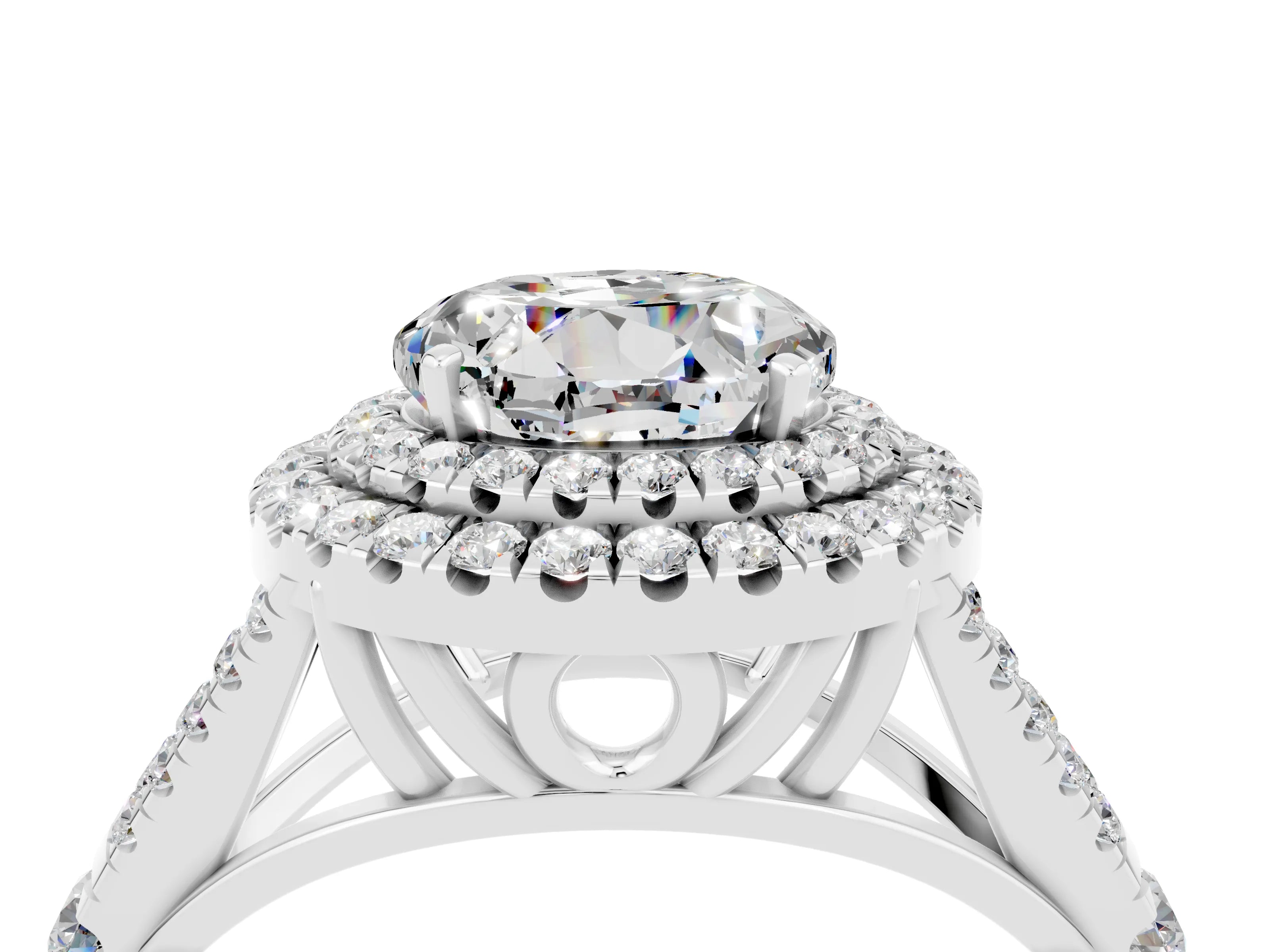 White gold Round Cut Moissanite Double Halo Ring with Split Shank and Prong Setting_40