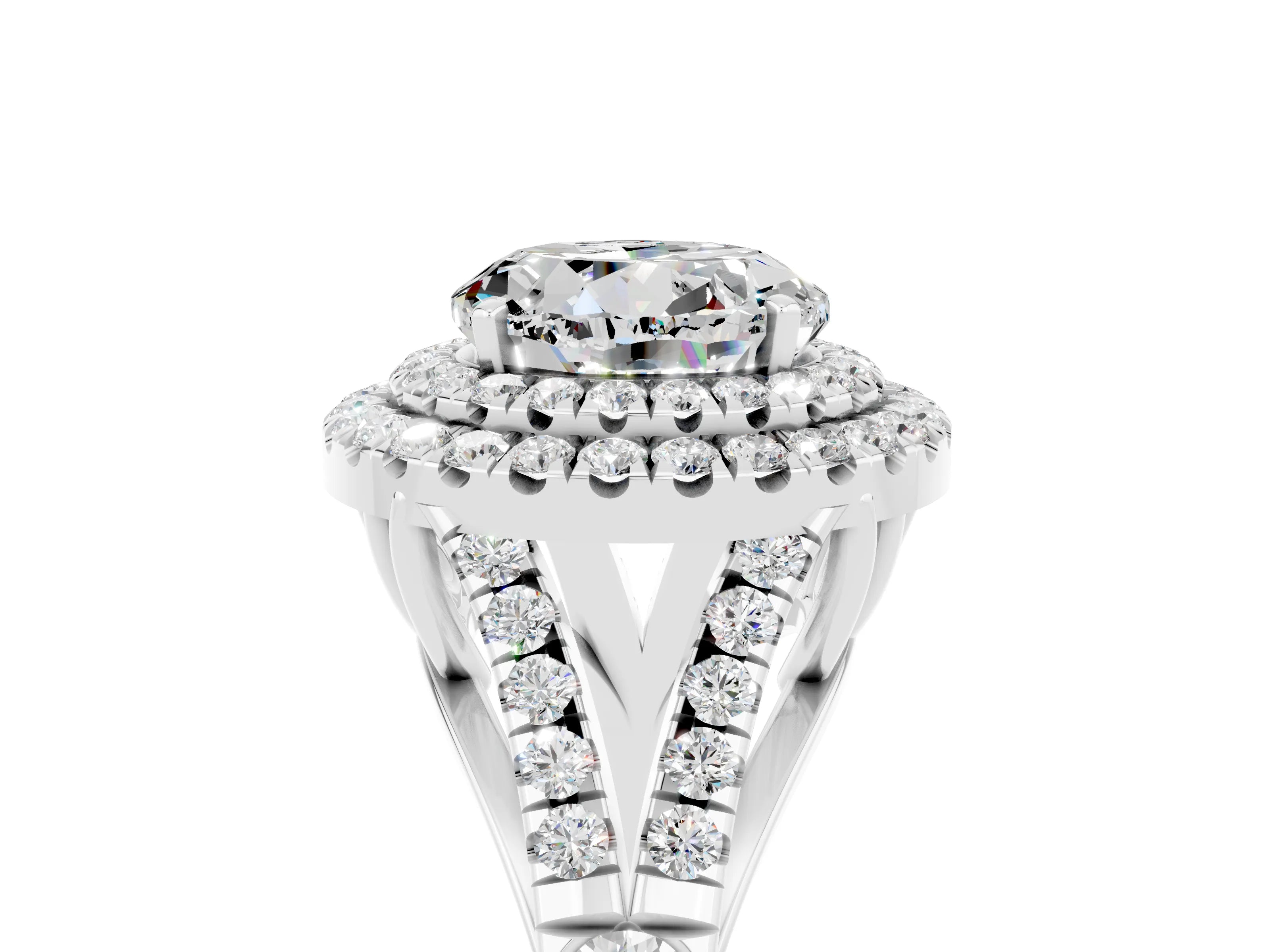 White gold Round Cut Moissanite Double Halo Ring with Split Shank and Prong Setting_41