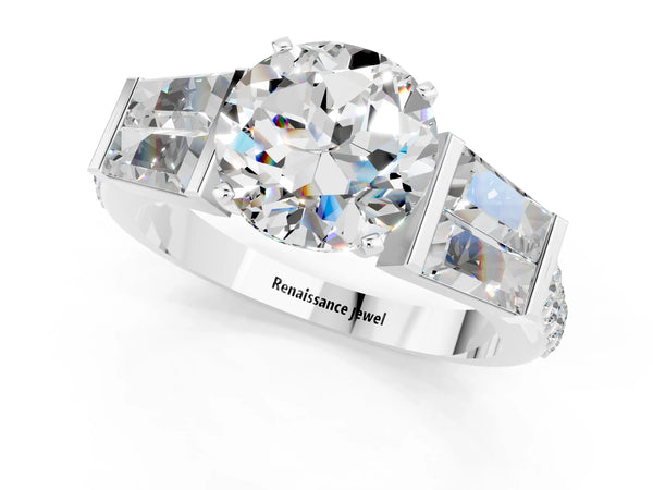 Platinum Round Cut Moissanite Engagement Ring with Baguette Side Stones and Channel Set Band