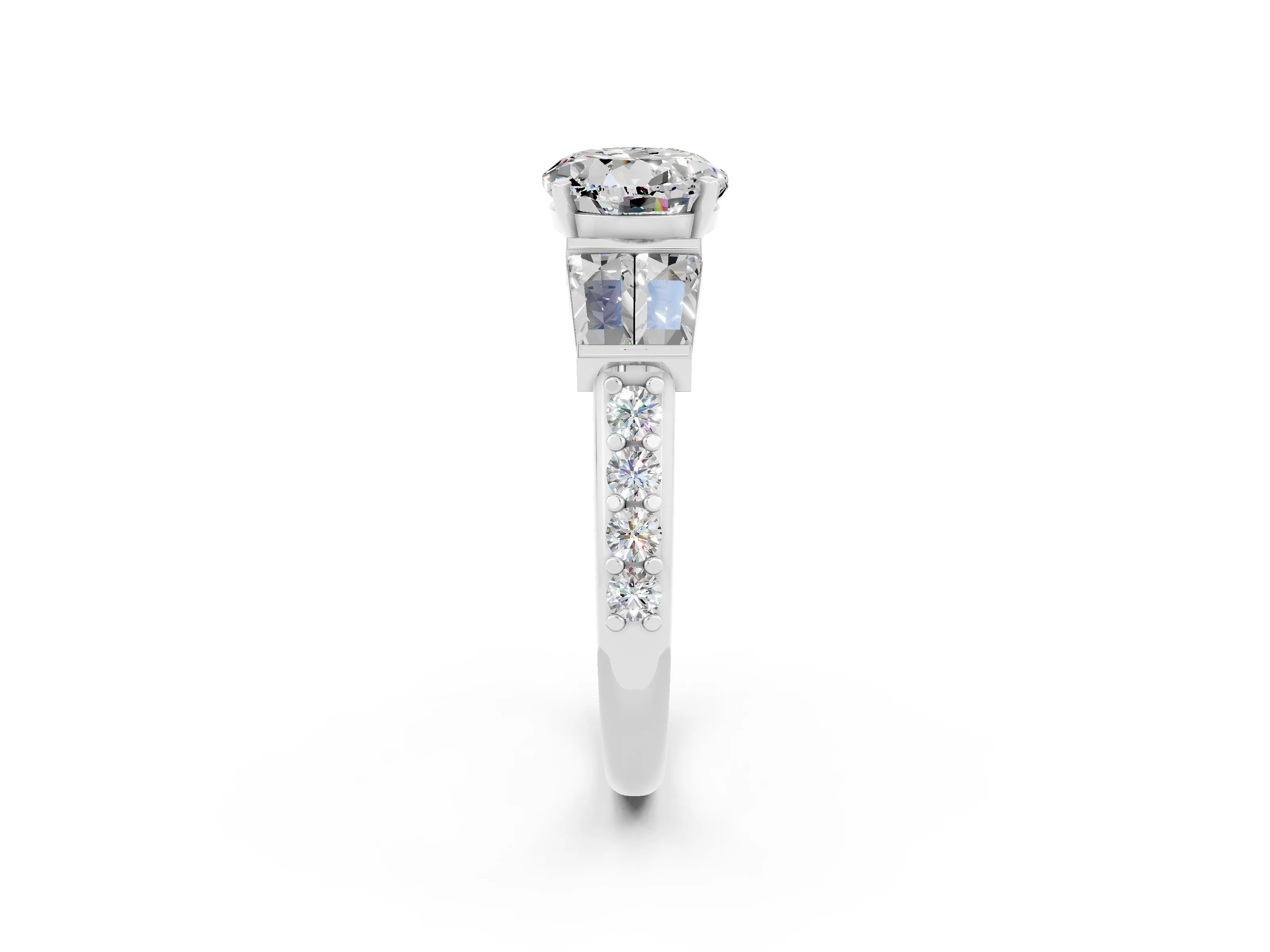 White gold Round Cut Moissanite Engagement Ring with Baguette Side Stones and Channel Set Band_2