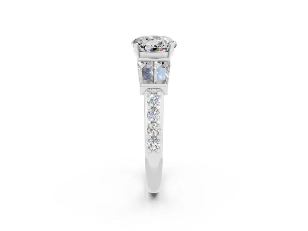 White gold Round Cut Moissanite Engagement Ring with Baguette Side Stones and Channel Set Band