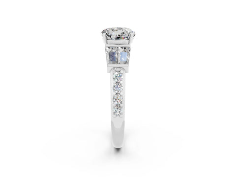 White gold Round Cut Moissanite Engagement Ring with Baguette Side Stones and Channel Set Band_2