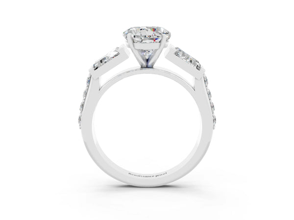 Platinum Round Cut Moissanite Engagement Ring with Baguette Side Stones and Channel Set Band