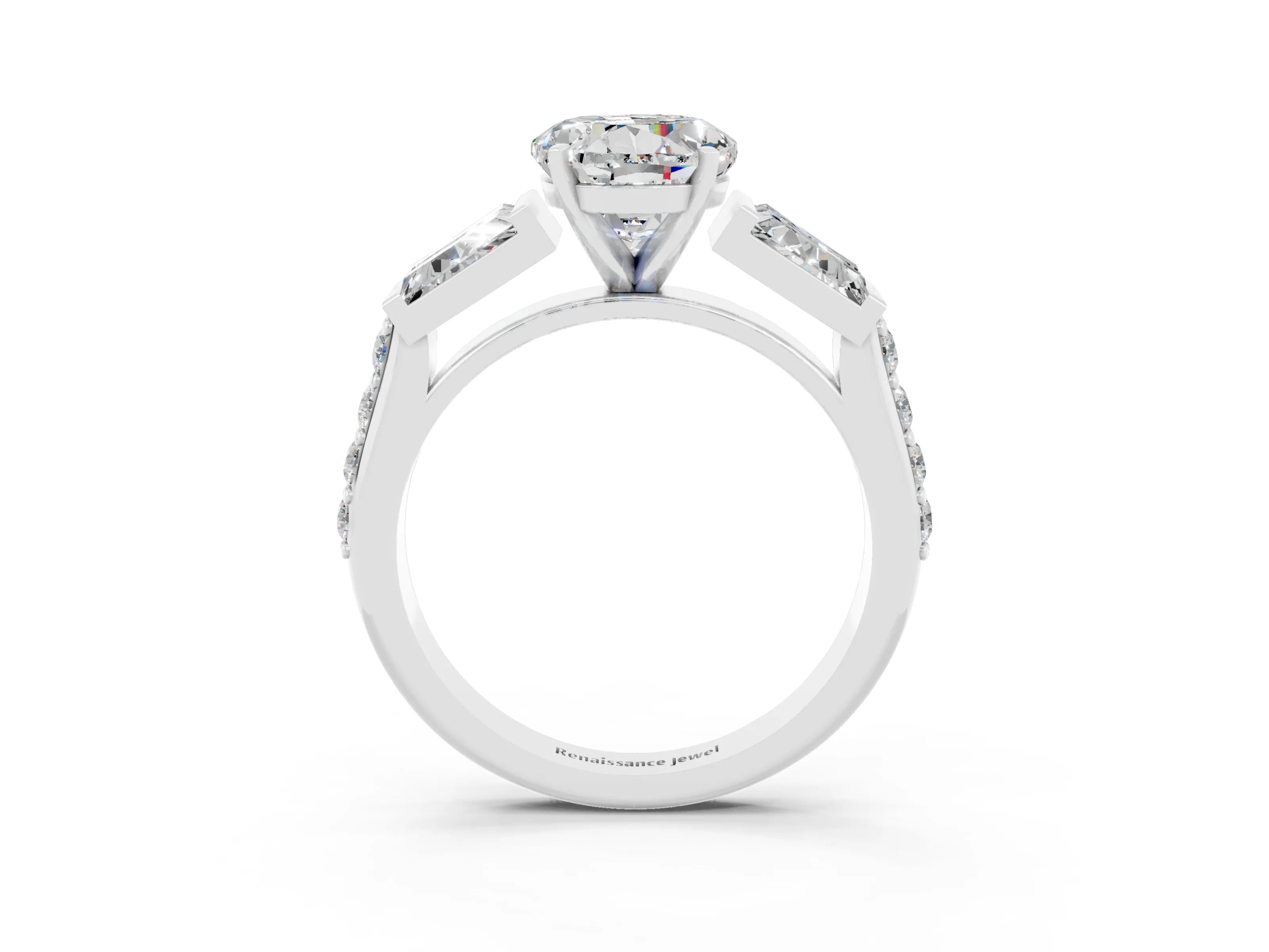 White gold Round Cut Moissanite Engagement Ring with Baguette Side Stones and Channel Set Band_3