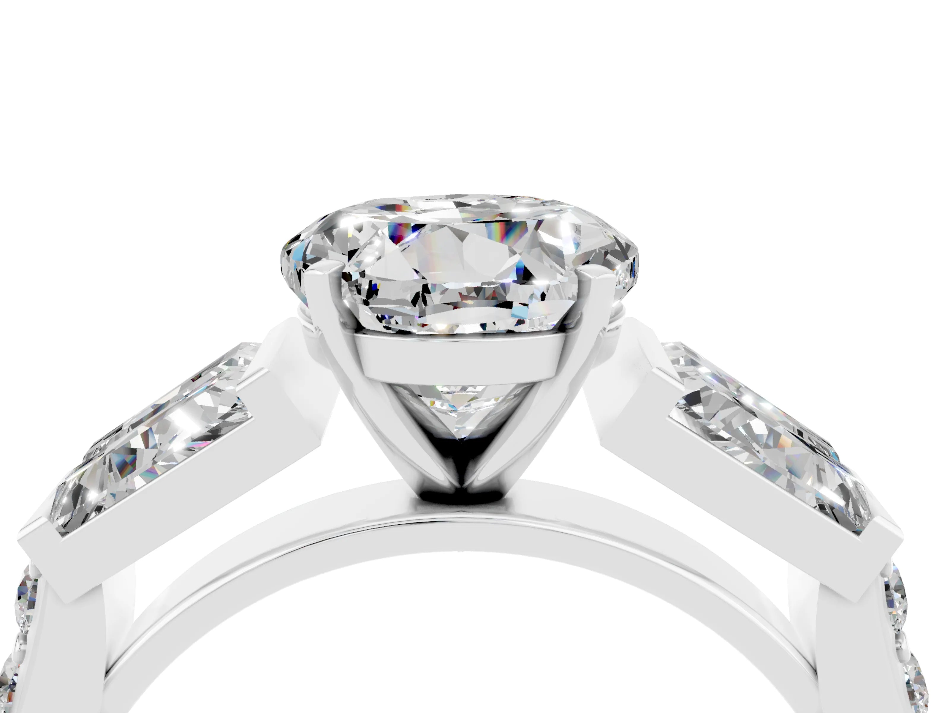 White gold Round Cut Moissanite Engagement Ring with Baguette Side Stones and Channel Set Band_4
