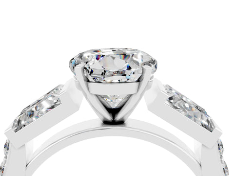 White gold Round Cut Moissanite Engagement Ring with Baguette Side Stones and Channel Set Band_4