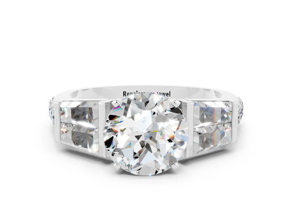 White gold Round Cut Moissanite Engagement Ring with Baguette Side Stones and Channel Set Band