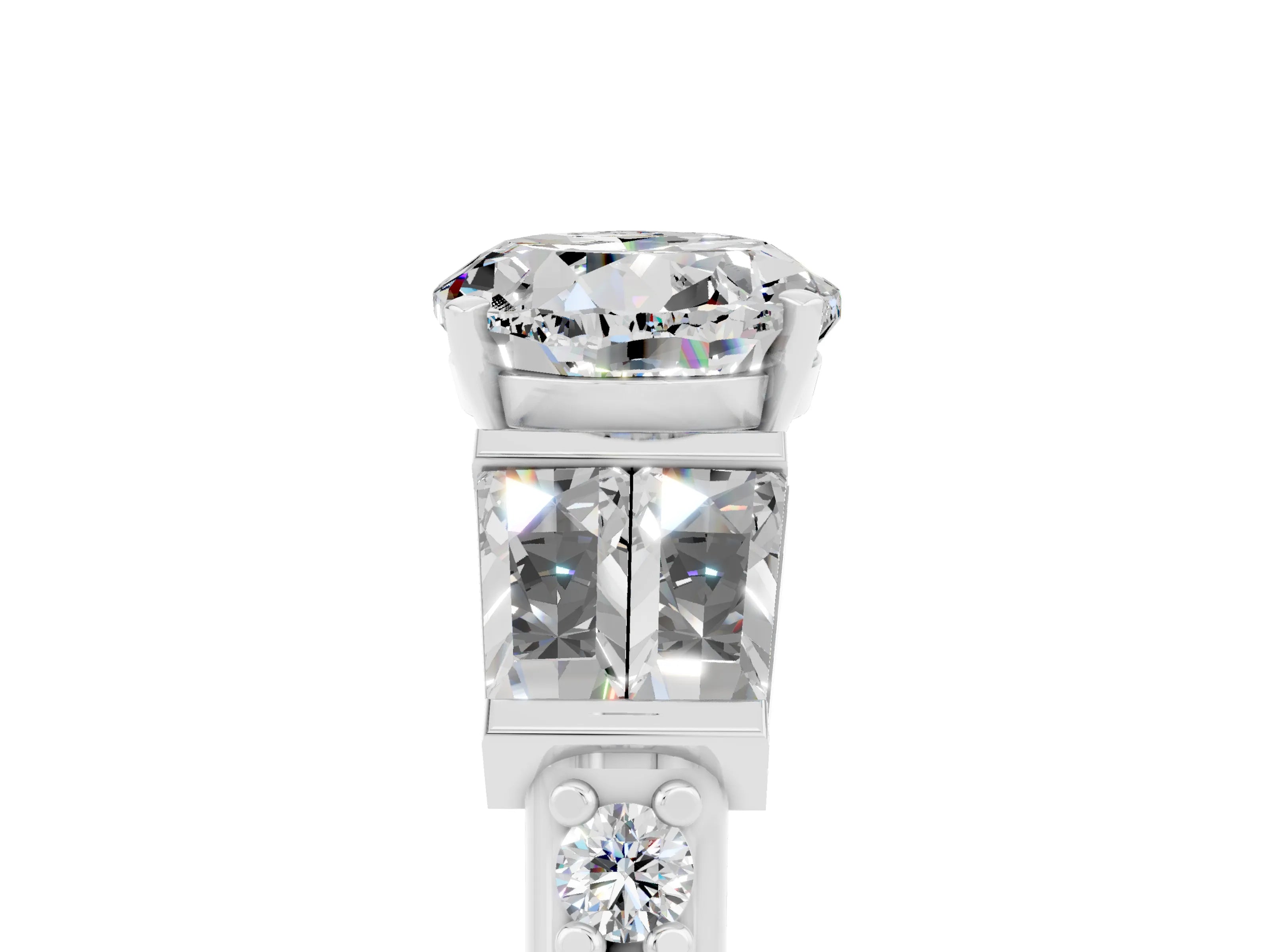 White gold Round Cut Moissanite Engagement Ring with Baguette Side Stones and Channel Set Band_5
