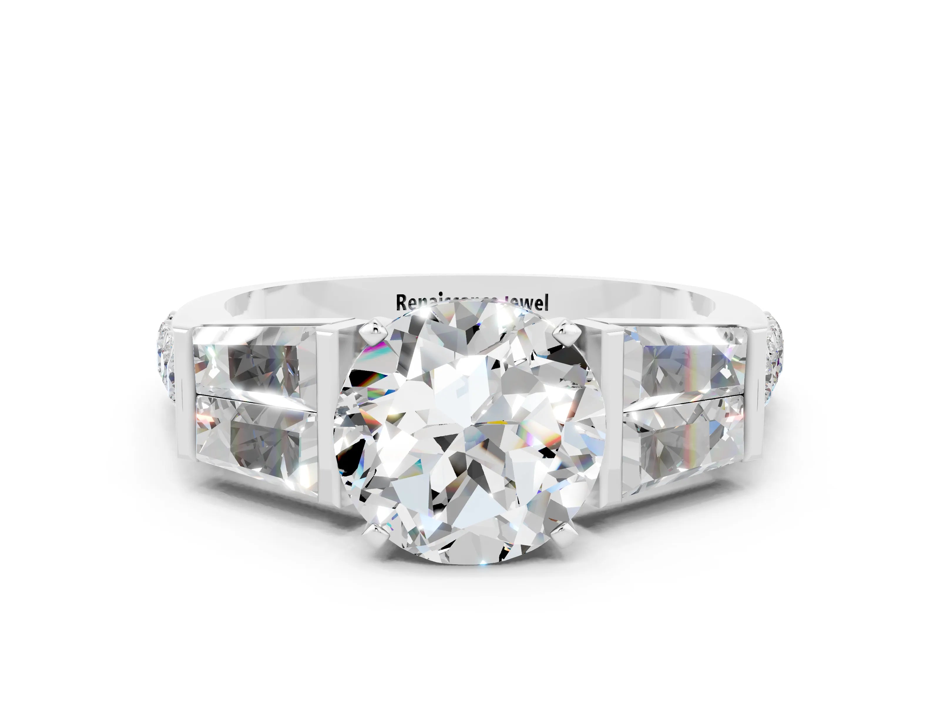 White gold Round Cut Moissanite Engagement Ring with Baguette Side Stones and Channel Set Band