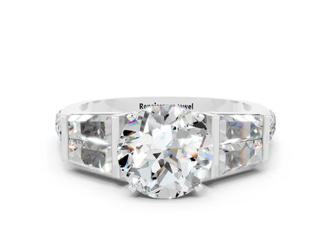 White gold Round Cut Moissanite Engagement Ring with Baguette Side Stones and Channel Set Band