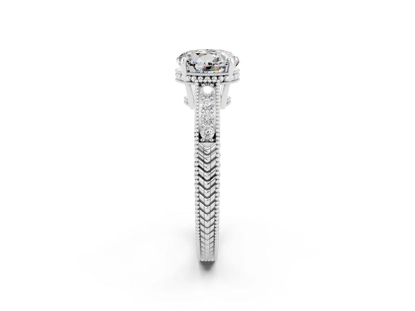 Platinum Round Cut Moissanite Engagement Ring with Milgrain Channel Set Band and Prong Setting