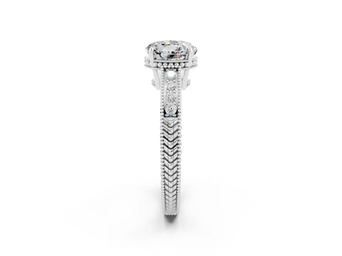 White gold Round Cut Moissanite Engagement Ring with Milgrain Channel Set Band and Prong Setting_2