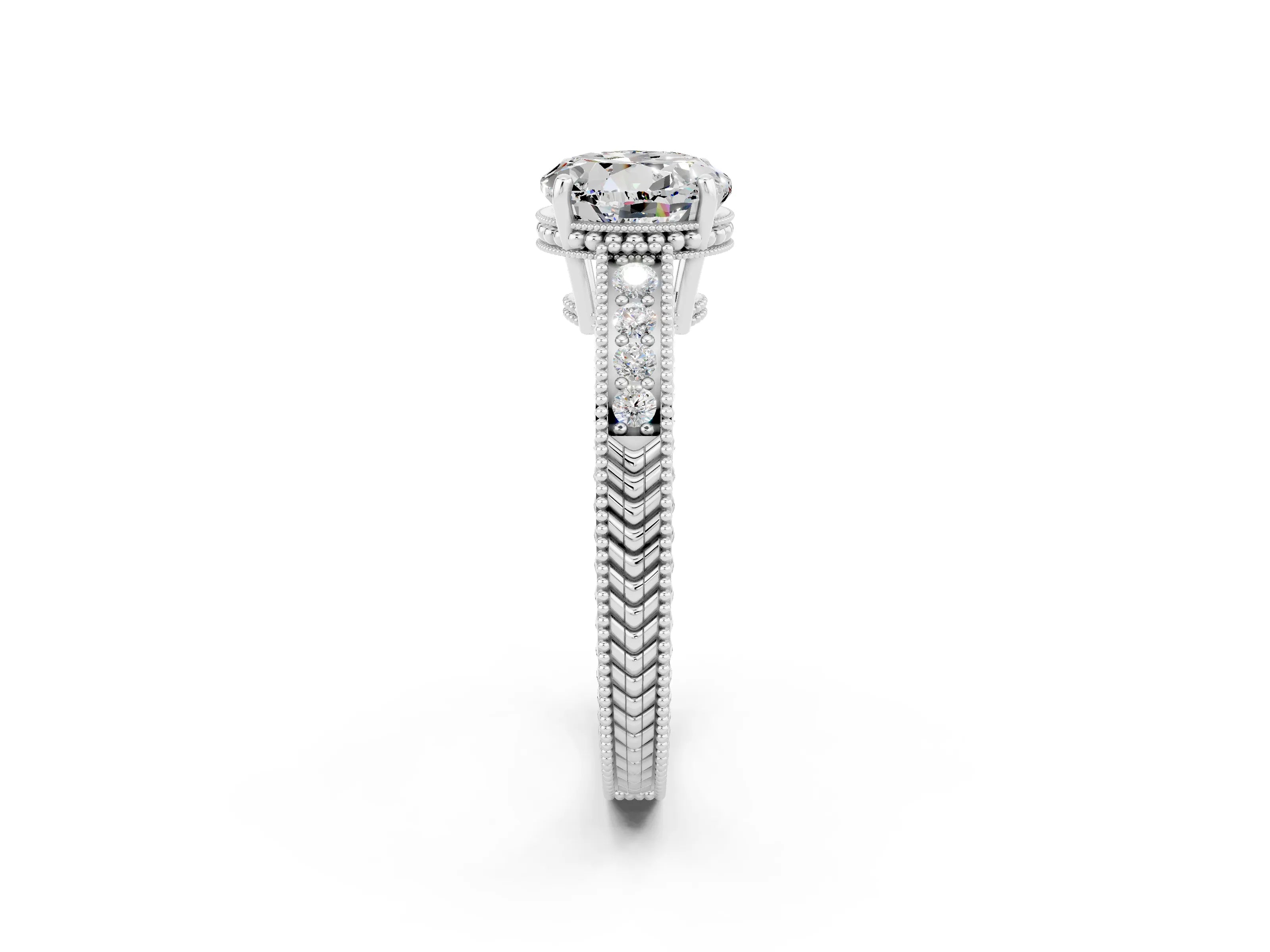 White gold Round Cut Moissanite Engagement Ring with Milgrain Channel Set Band and Prong Setting_2
