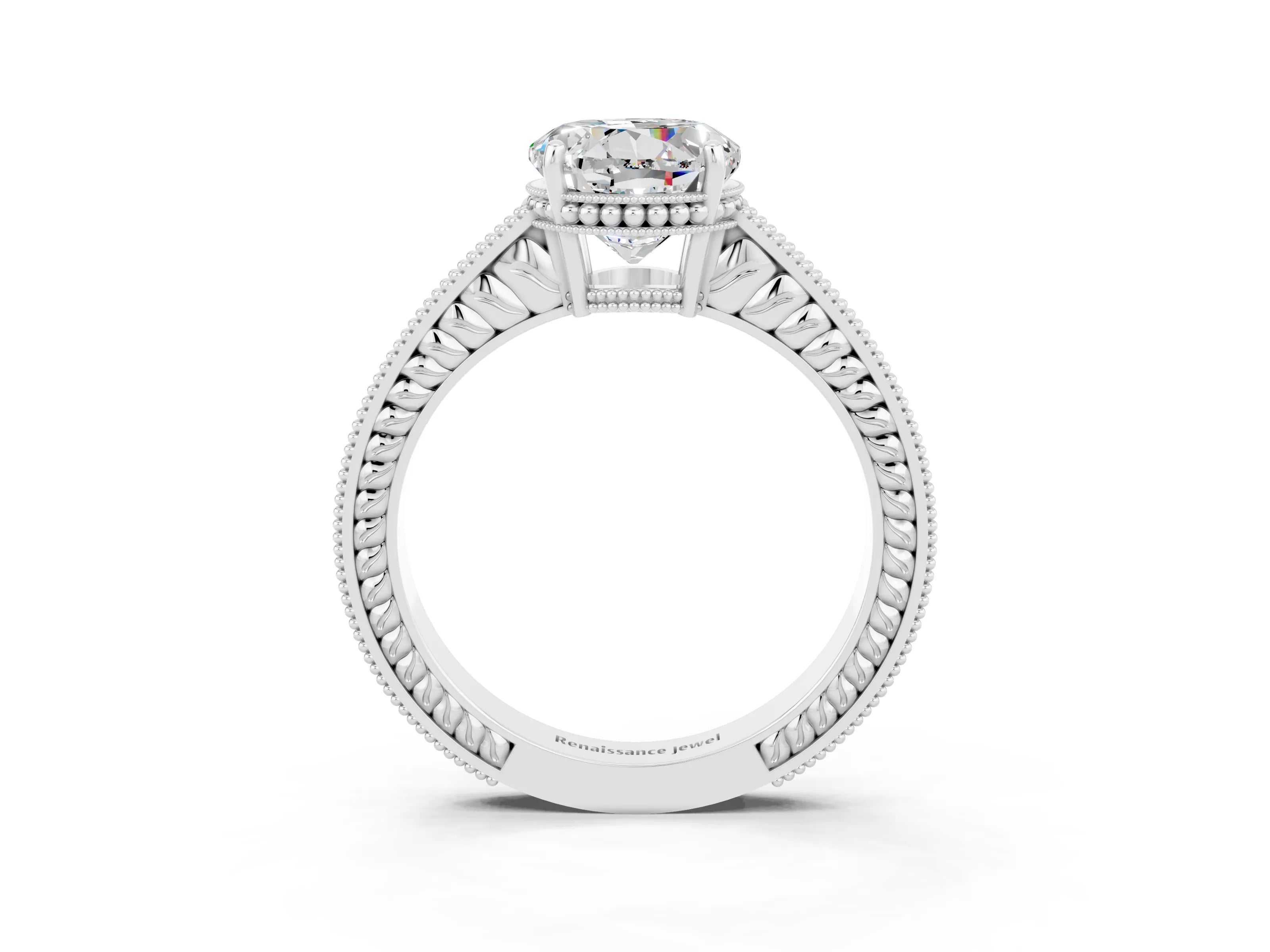 White gold Round Cut Moissanite Engagement Ring with Milgrain Channel Set Band and Prong Setting_3