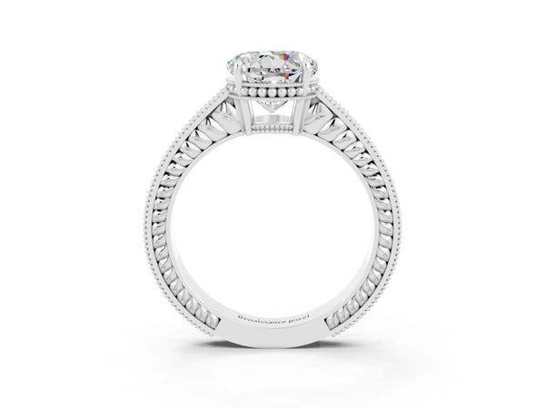 Silver Round Cut Moissanite Engagement Ring with Milgrain Channel Set Band and Prong Setting