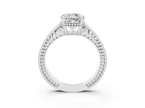 White gold Round Cut Moissanite Engagement Ring with Milgrain Channel Set Band and Prong Setting_3
