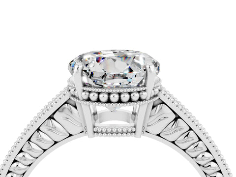 White gold Round Cut Moissanite Engagement Ring with Milgrain Channel Set Band and Prong Setting_4