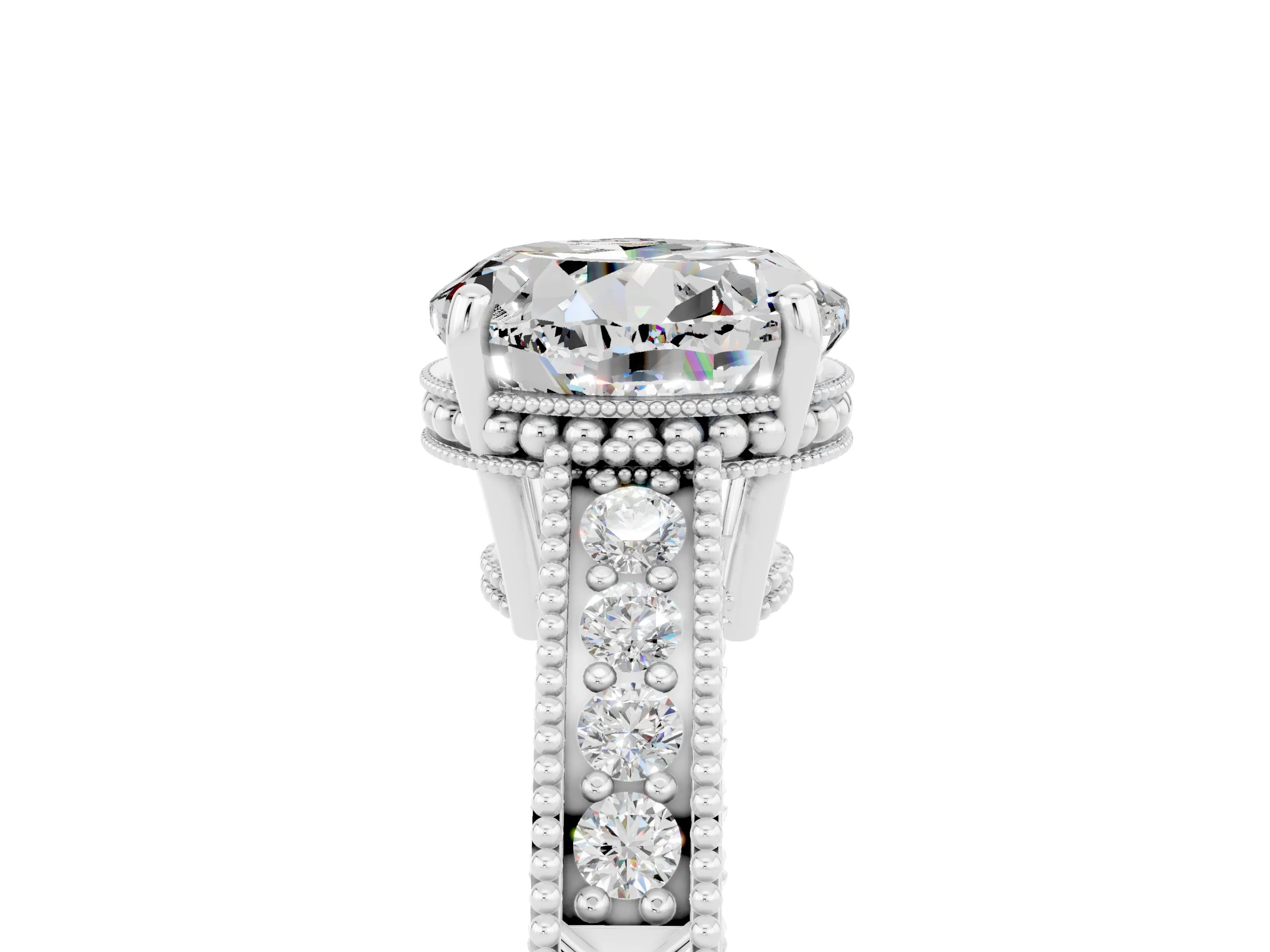 White gold Round Cut Moissanite Engagement Ring with Milgrain Channel Set Band and Prong Setting_5