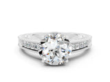 White gold Round Cut Moissanite Engagement Ring with Milgrain Channel Set Band and Prong Setting