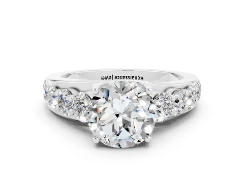 White gold Round Cut Moissanite Engagement Ring with Pavé Band and Four-Prong Setting