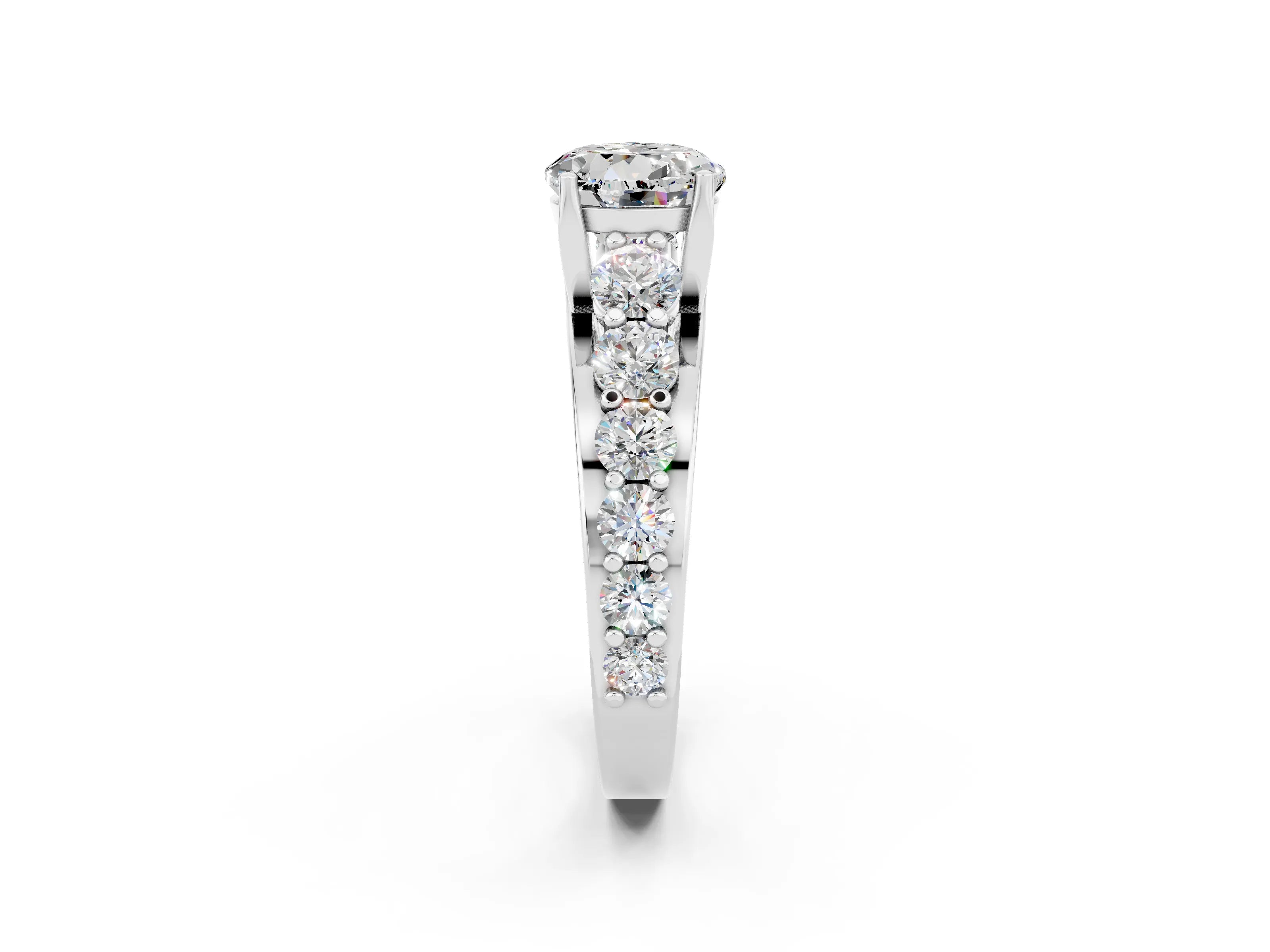 White gold Round Cut Moissanite Engagement Ring with Pavé Band and Four-Prong Setting_2
