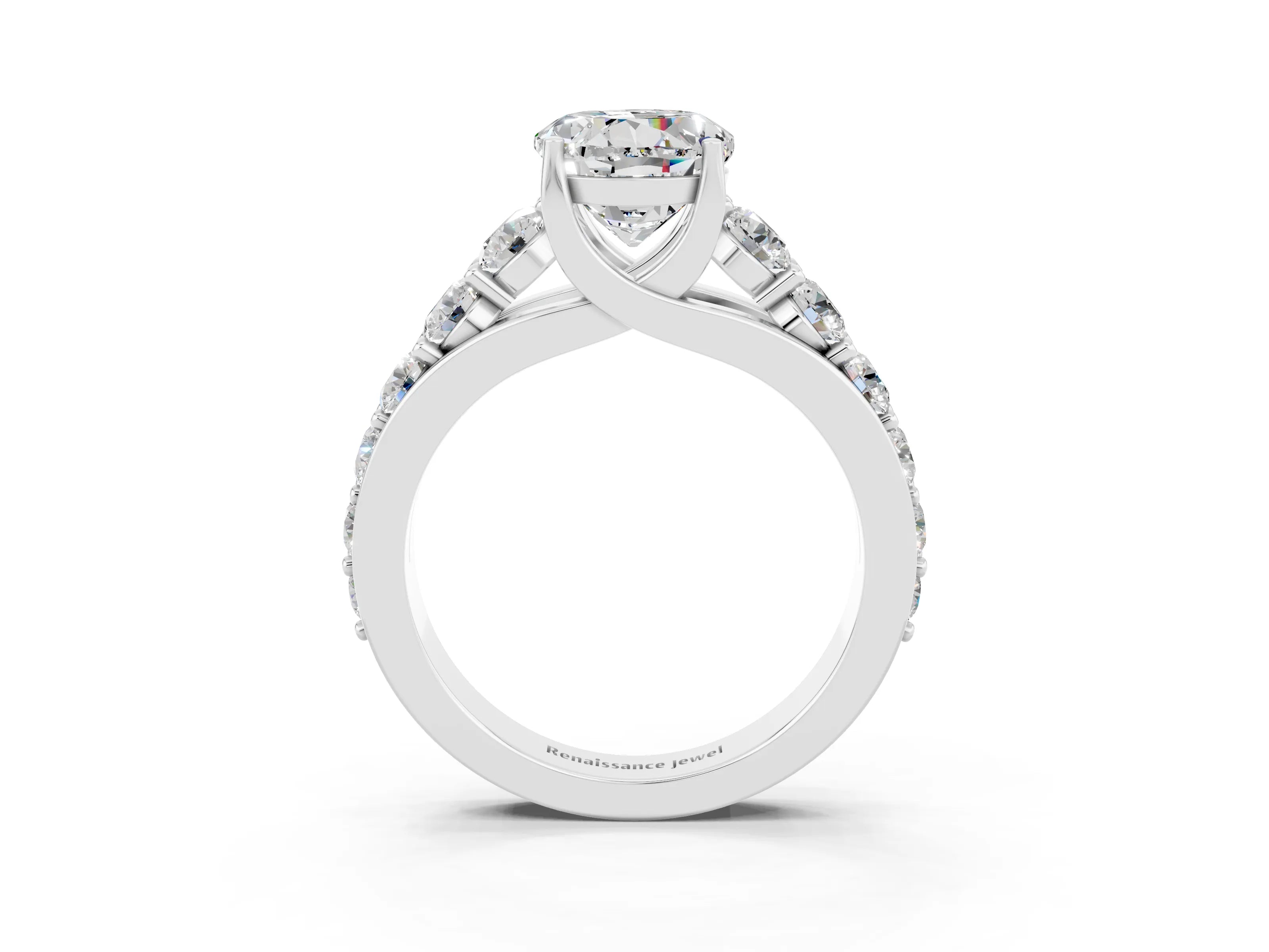 White gold Round Cut Moissanite Engagement Ring with Pavé Band and Four-Prong Setting_3