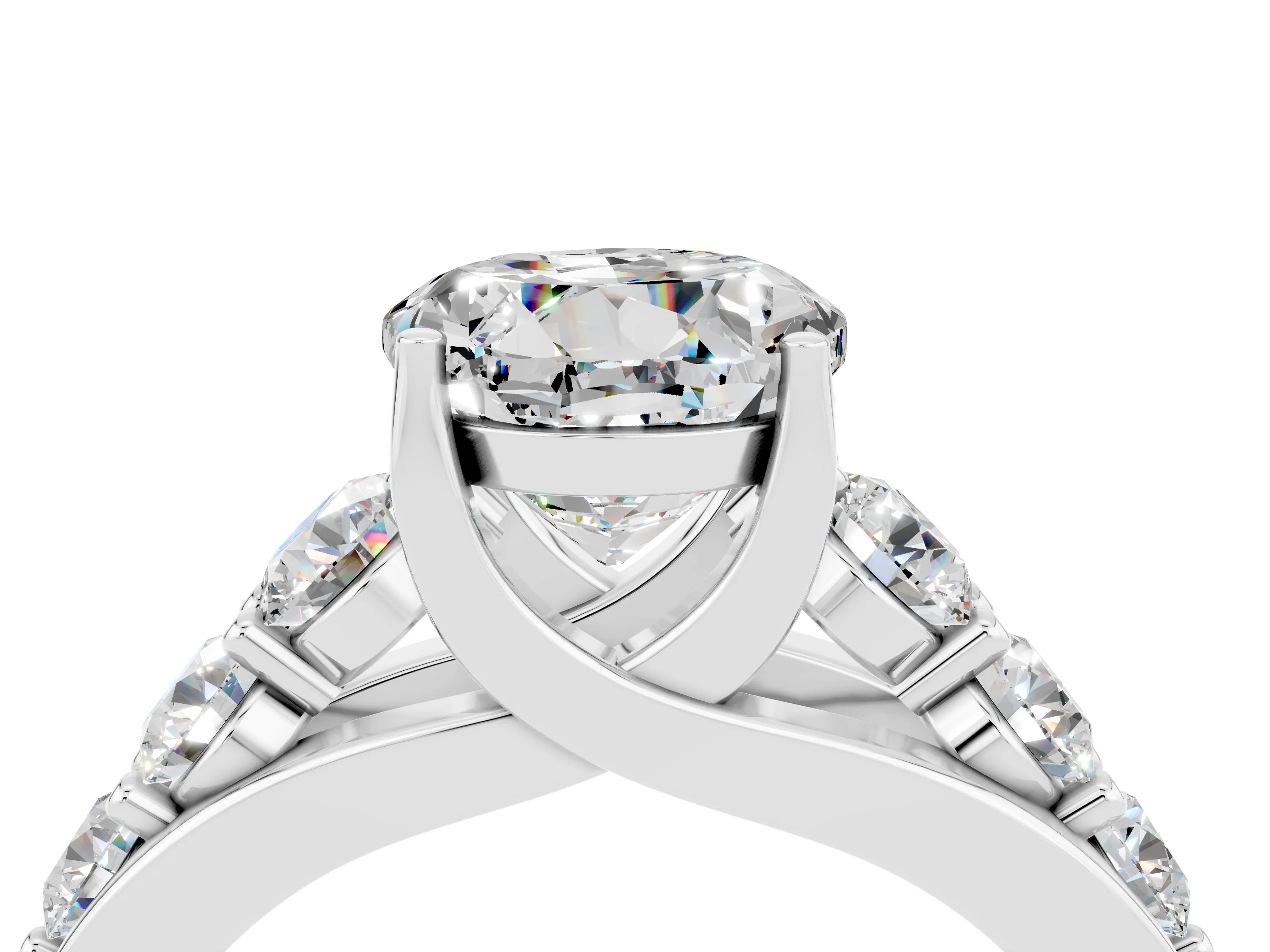 White gold Round Cut Moissanite Engagement Ring with Pavé Band and Four-Prong Setting_4