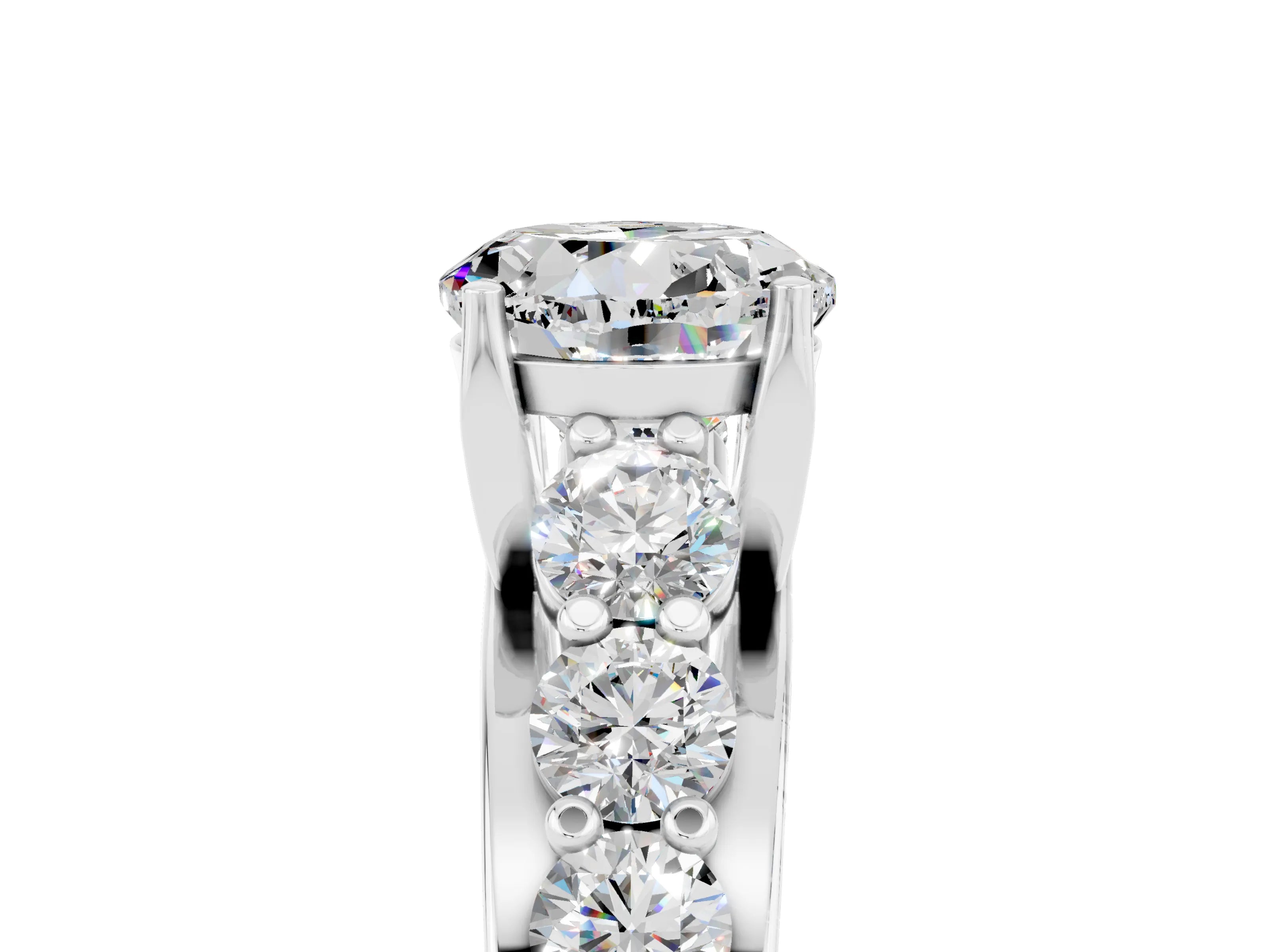 White gold Round Cut Moissanite Engagement Ring with Pavé Band and Four-Prong Setting_5