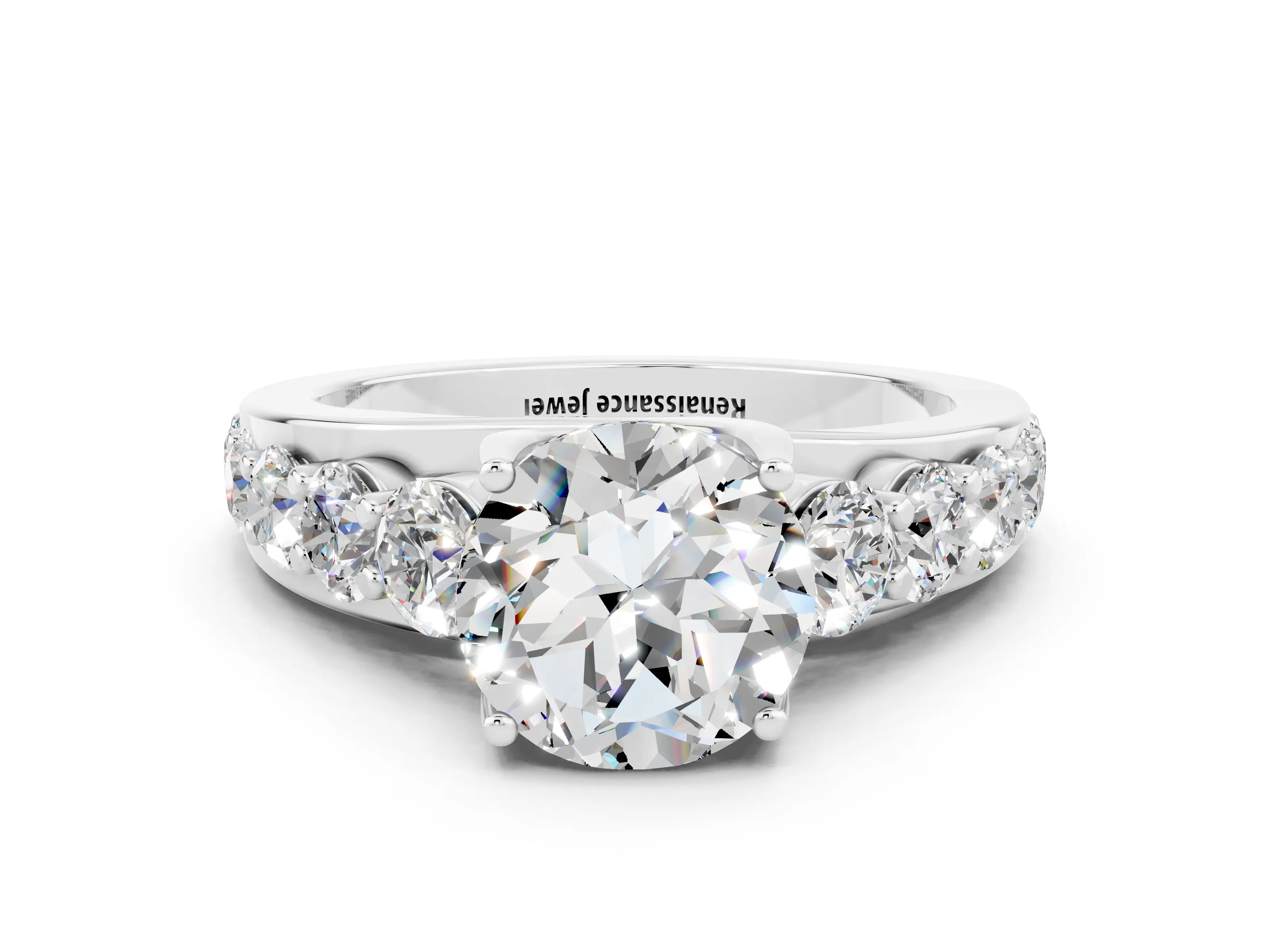 White gold Round Cut Moissanite Engagement Ring with Pavé Band and Four-Prong Setting