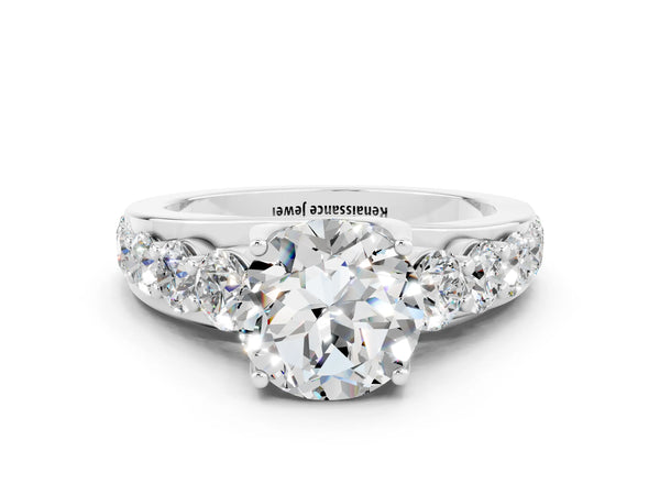 White gold Round Cut Moissanite Engagement Ring with Pavé Band and Four-Prong Setting