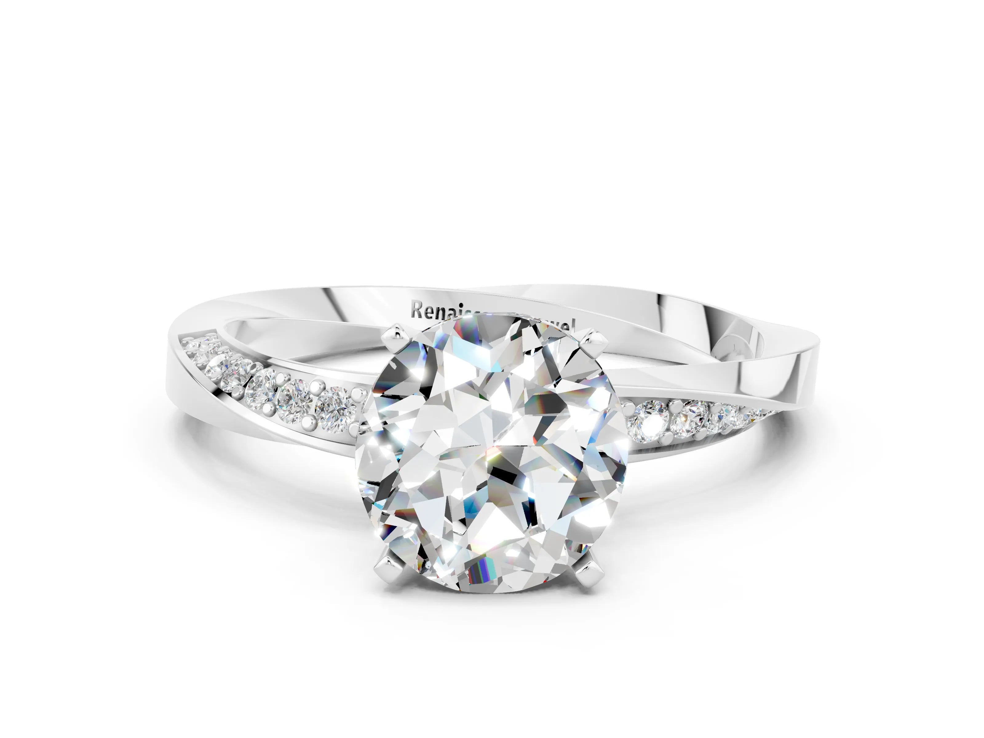 White gold Round Cut Moissanite Engagement Ring with Side Stone Accents and Four-Prong Setting_27