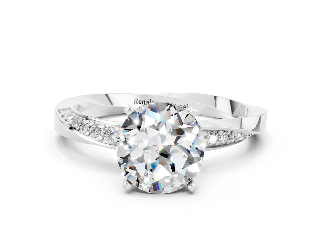 White gold Round Cut Moissanite Engagement Ring with Side Stone Accents and Four-Prong Setting_27