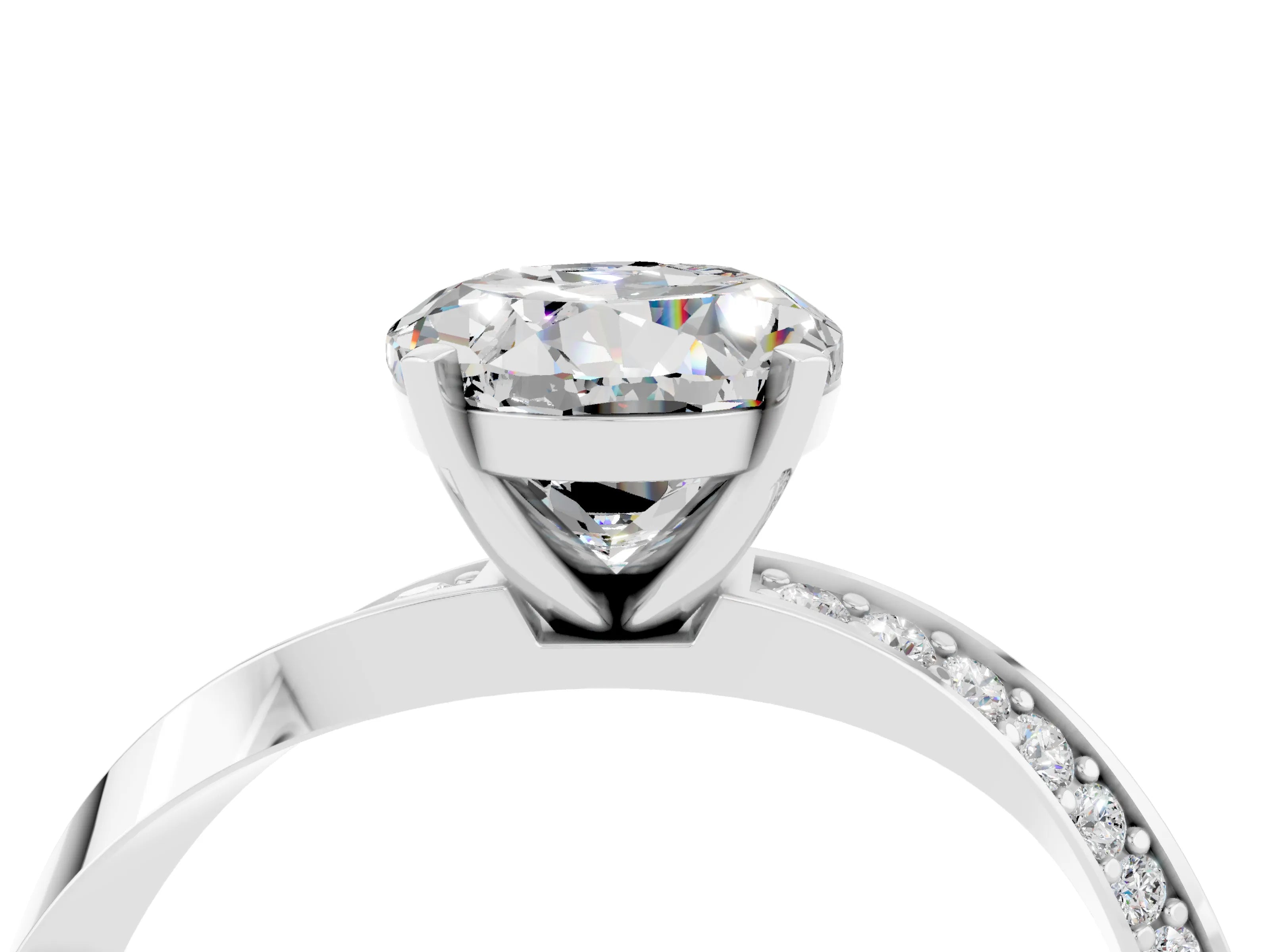 White gold Round Cut Moissanite Engagement Ring with Side Stone Accents and Four-Prong Setting_31