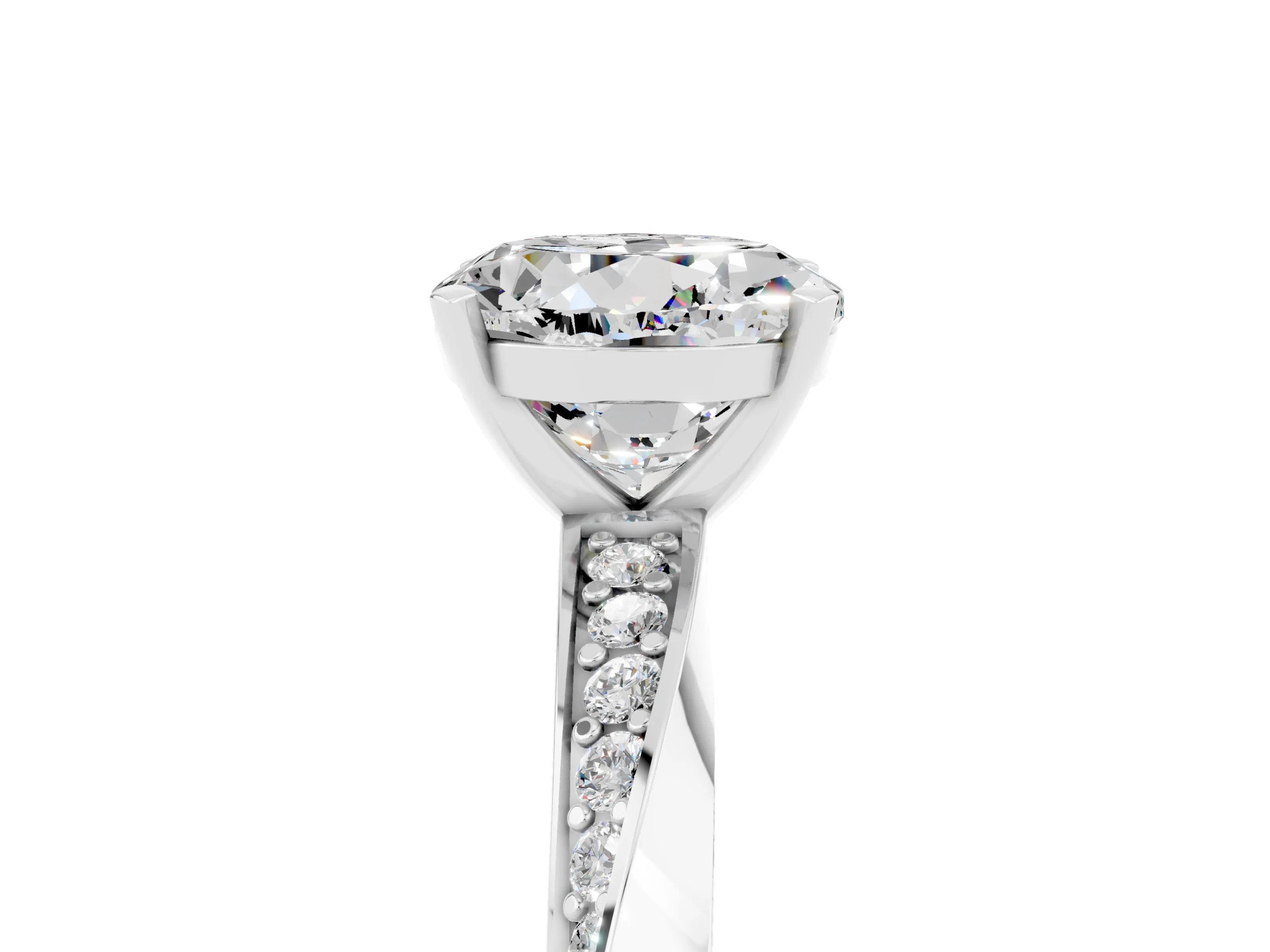 White gold Round Cut Moissanite Engagement Ring with Side Stone Accents and Four-Prong Setting_32