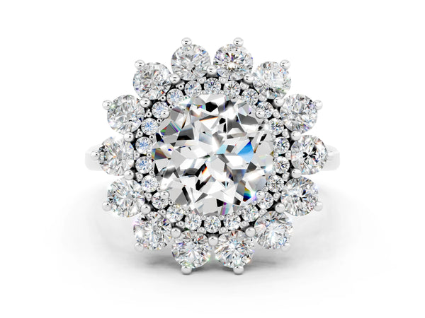 White gold Round Cut Moissanite Floral Double Halo Engagement Ring with Prong Setting