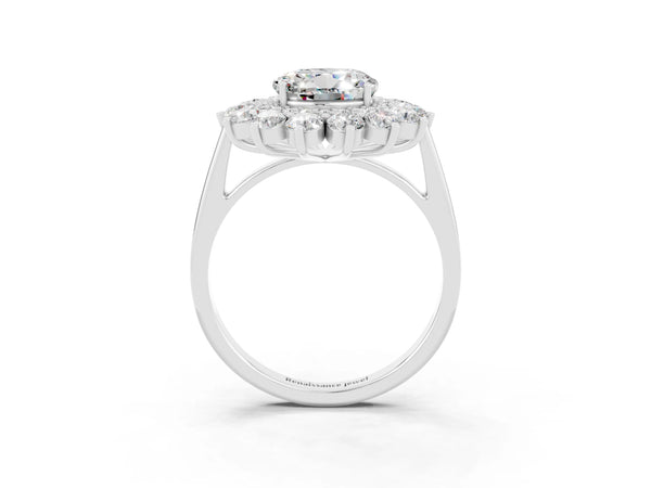 White gold Round Cut Moissanite Floral Double Halo Engagement Ring with Prong Setting