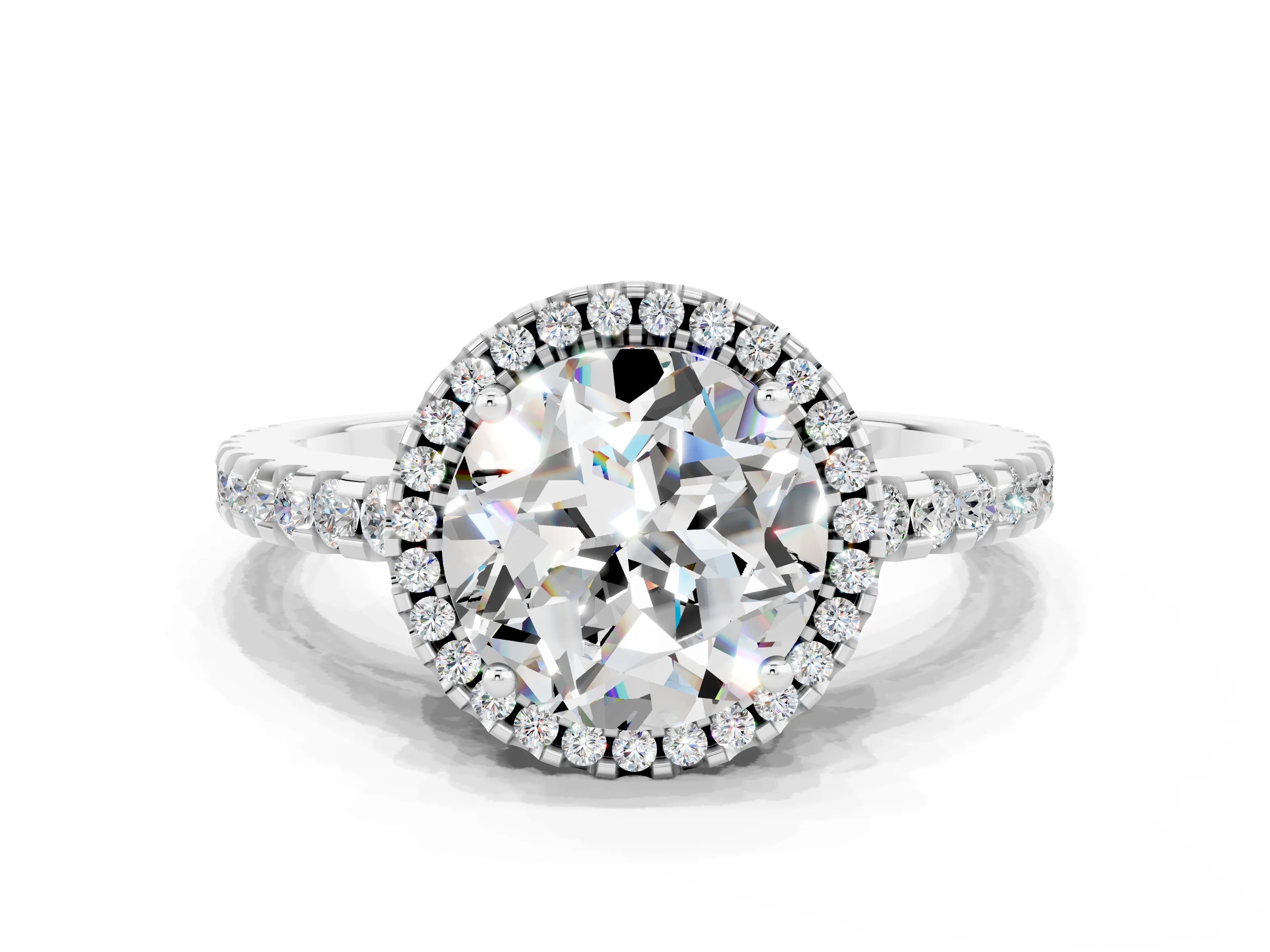 White gold Round Cut Moissanite Halo Engagement Ring with Pavé Band and Prong Setting_12