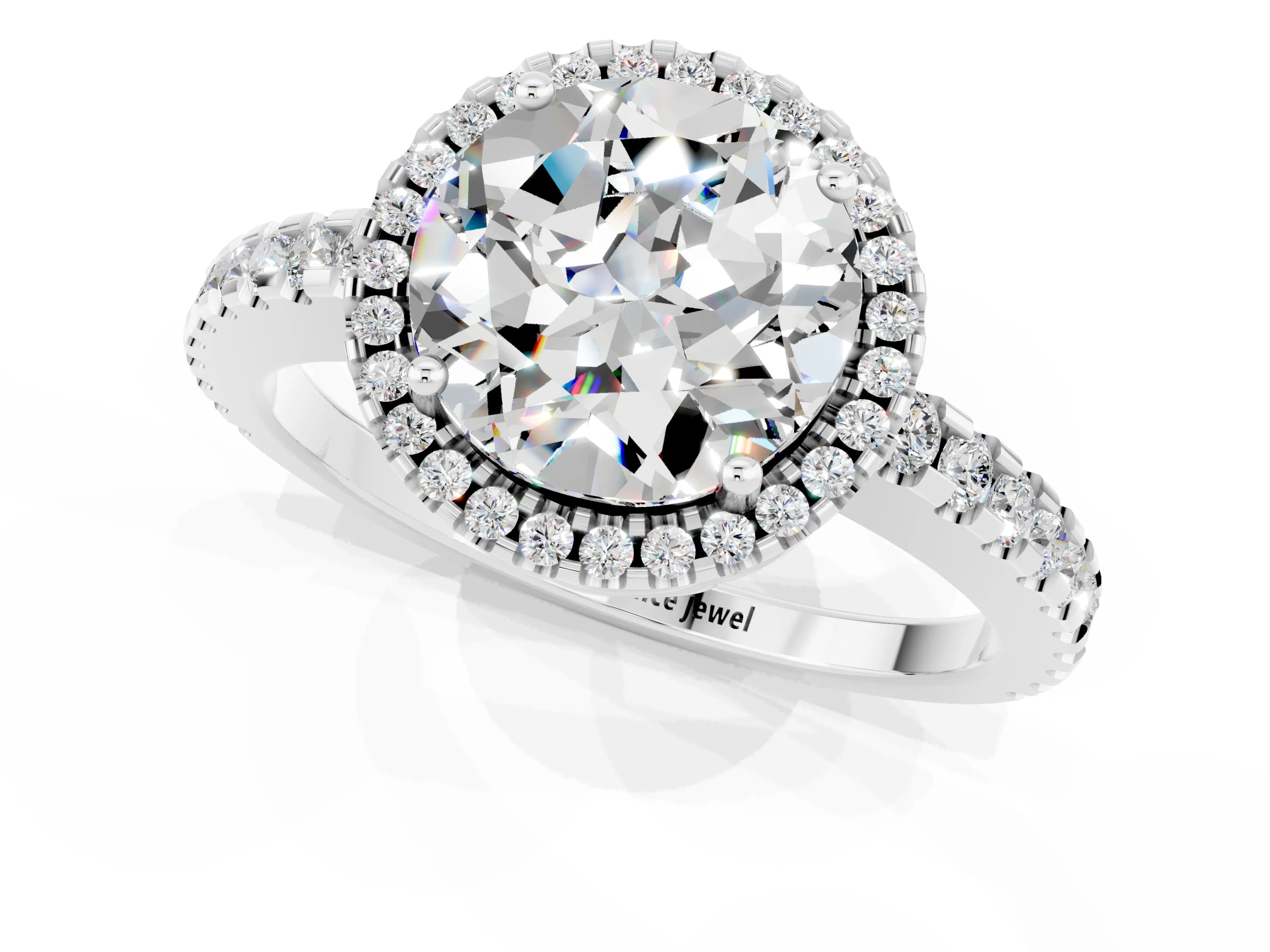 White gold Round Cut Moissanite Halo Engagement Ring with Pavé Band and Prong Setting_13