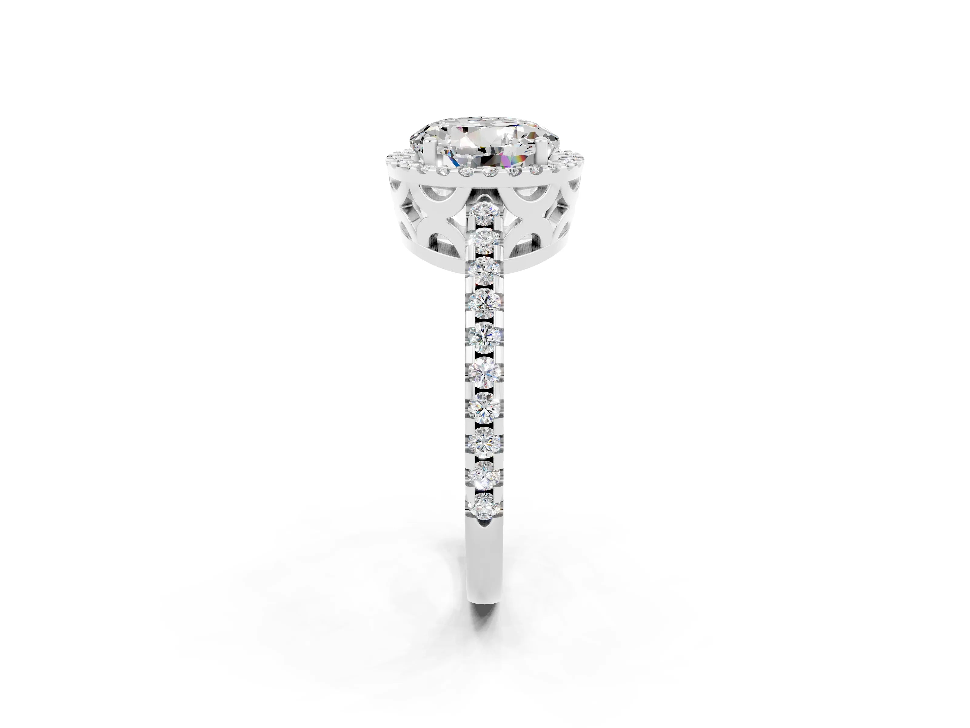 White gold Round Cut Moissanite Halo Engagement Ring with Pavé Band and Prong Setting_14