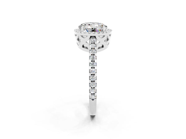 White gold Round Cut Moissanite Halo Engagement Ring with Pavé Band and Prong Setting