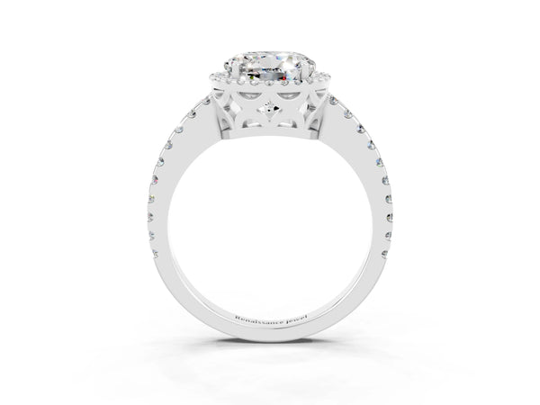 Platinum Round Cut Moissanite Halo Engagement Ring with Pavé Band and Prong Setting